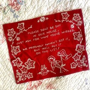 Vintage Houseguest Sampler “Please don’t be shy” red stitch sampler MCM cat lady